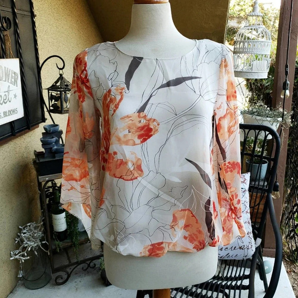 Alfani Tops - Alfani • Floral Top • Orange & Cream Tunic Blouse • Small Petite